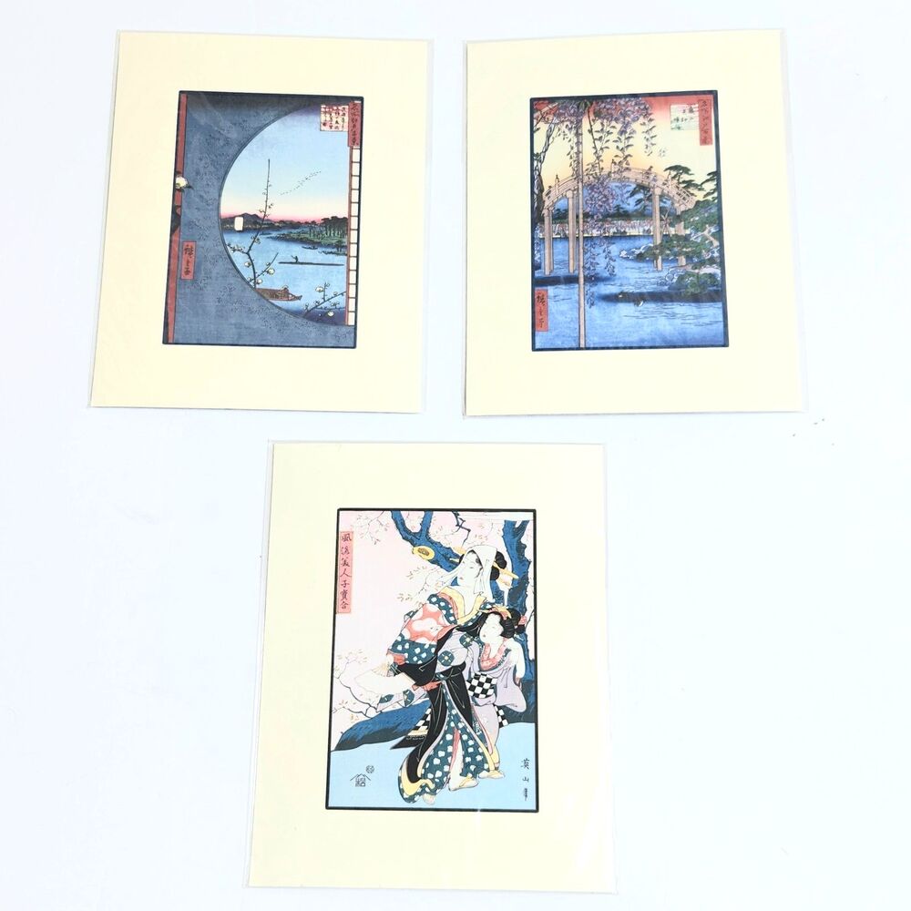 Vintage Japanese Woodblock Art Prints Matted Ukiyo-e Lithograph Reproductions